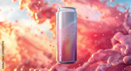 Blank aluminum soda can with water droplets, floating amidst a vibrant splash of liquid against a warm, bokeh-lit background, conveying a sense of refreshing coolness.
