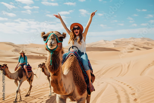 Happy woman tourist, close up portrait, having fun enjoying group camel ride tour in Morocco 