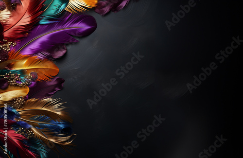 Colorful feather on black background with copy space. Carnival banner template