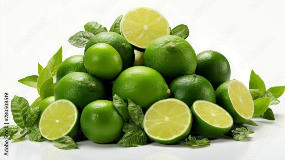 A pile of green limes with some of them cut in half A pile of green limes with some of them cut in half