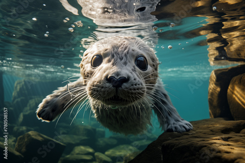 Playful seal peeks with sparkling eyes in clear underwater scenery