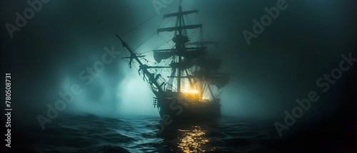 Enigmatic Depths: Final Voyage of a Ghostly Galleon. Concept Mysterious Shipwreck, Haunting Oceanic Exploration, Ghostly Pirates, Deep Sea Secrets, Eerie Nautical Tale photo