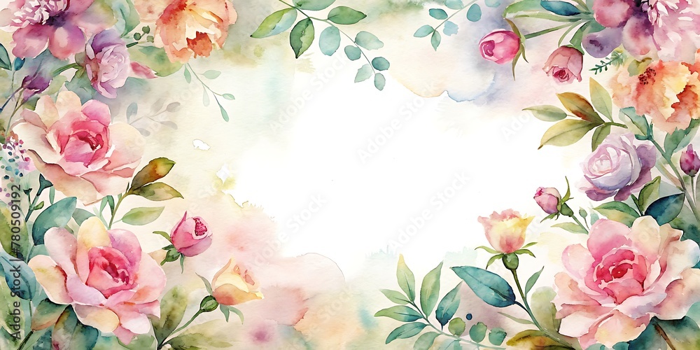 Watercolor Spring Flowers Frame with Copy Space, Spring Flowers Border Vibrant Watercolor