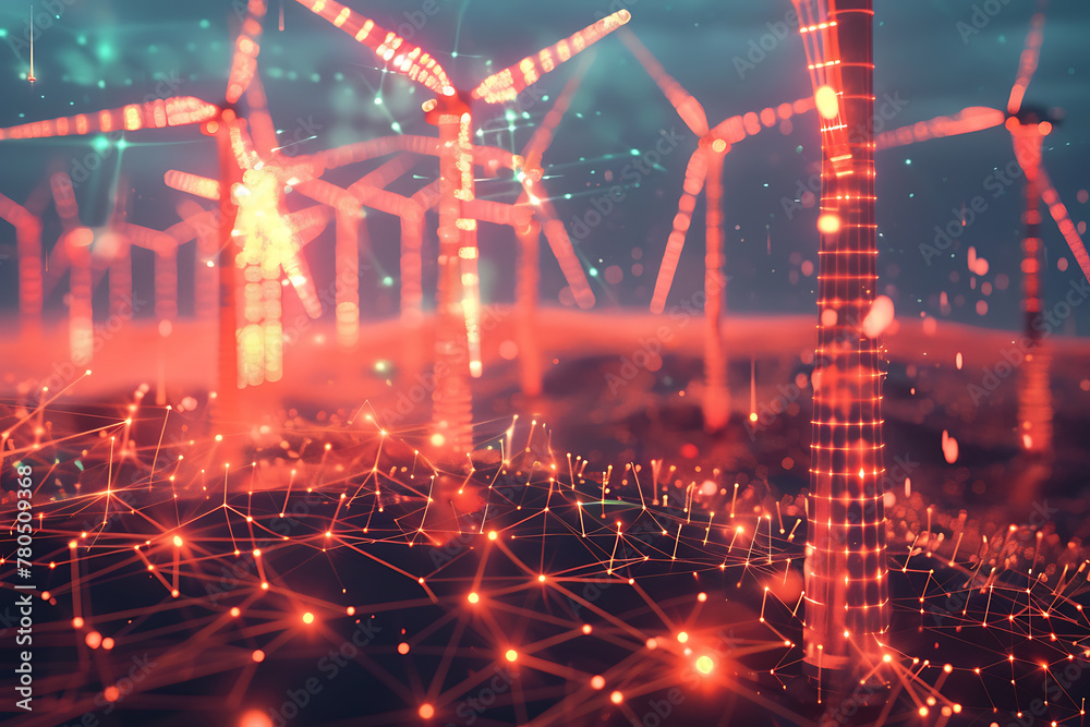 Fototapeta premium Immerse yourself in the world of renewable energy with a captivating wireframe visualization against a glowing translucent background, showcasing a majestic wind turbine in motion