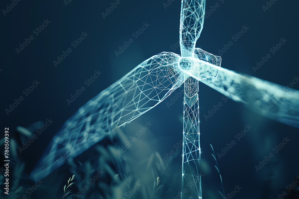 Immerse yourself in the world of renewable energy with a captivating wireframe visualization against a glowing translucent background, showcasing a majestic wind turbine in motion - obrazy, fototapety, plakaty 
