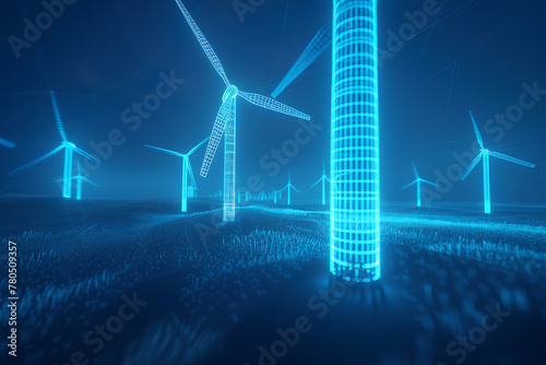 Immerse yourself in the world of renewable energy with a captivating wireframe visualization against a glowing translucent background, showcasing a majestic wind turbine in motion © River Girl