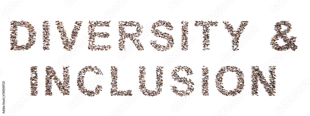 Concept conceptual large community of people forming DIVERSITY & INCLUSION message. 3d illustration metaphor for tolerance, non discrimination, cooperation and communication, education and equality Concept conceptual large community of people forming DIVERSITY & INCLUSION message. 3d illustration metaphor for tolerance, non discrimination, cooperation and communication, education and equality