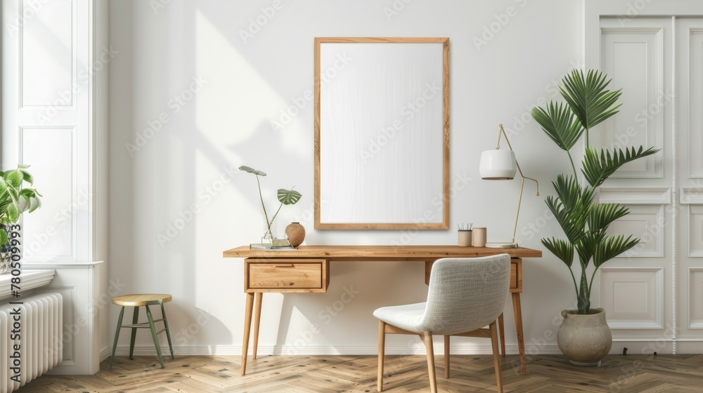 An empty white framed hangs on the wall above the desk in a home office. Wood and green accents decorate the space, An empty white framed hangs on the wall above the desk in a home office. Wood and green accents decorate the space,