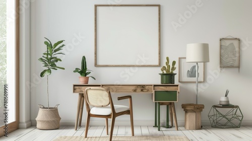 An empty white framed hangs on the wall above the desk in a home office. Wood and green accents decorate the space,