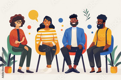 Diverse group of stylized people sitting and engaging in a conversation, with speech bubble, colorful attire, and abstract elements on a neutral background.