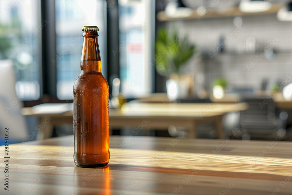 A bottle of beer sits on a wooden table in a room with a view of the outside