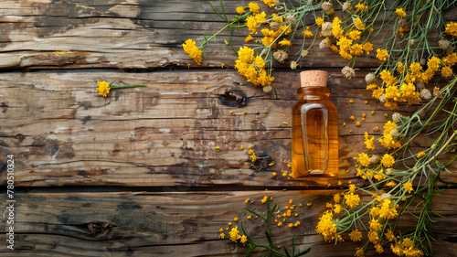 immortelle essential oil in a bottle. Selective focus.