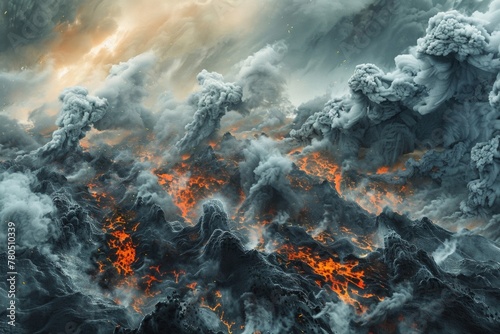 volcanic landscape With smoke and molten lava floating amidst the fiery beauty.