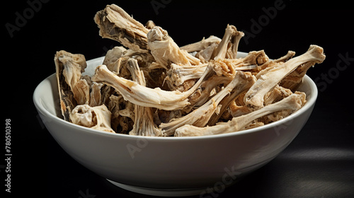 Closeup of chicken bones in plate, leftover food concept 
