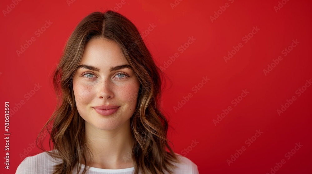 young woman looking at camera on red background young woman looking at camera on red background
