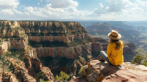 Solo traveler gazing at vast Grand Canyon landscape, concept of adventure, exploration, and natural wonders

