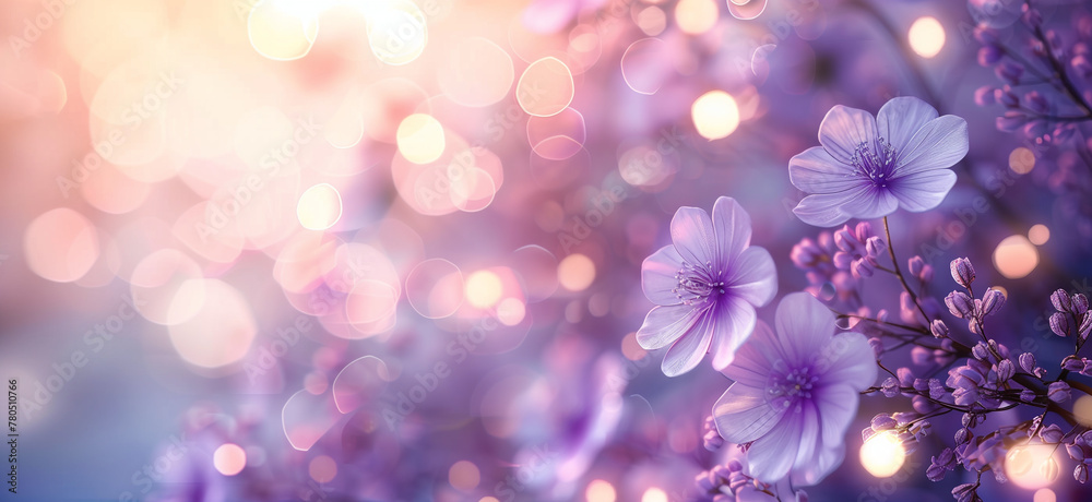 A closeup of delicate purple flowers, bathed in soft sunlight with bokeh lights creating an ethereal atmosphere. This style creates a dreamy and romantic ambiance for floralthemed designs A closeup of delicate purple flowers, bathed in soft sunlight with bokeh lights creating an ethereal atmosphere. This style creates a dreamy and romantic ambiance for floralthemed designs