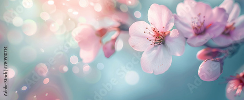Abstract blurred background with pastel pink and blue colors, blooming cherry blossom flowers. Background for product presentation or display of products. Blurred background with bokeh effect.