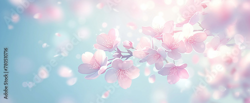 Light blue background with pink cherry blossoms petals, blurred bokeh effect, soft pastel colors, dreamy and romantic atmosphere, delicate and gentle style
