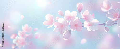 The focus is on the pale pink flowers against the light sky blue backdrop, creating contrast that emphasizes their beauty and delicacy. This image conveys tranquility and elegance in nature's embrace 