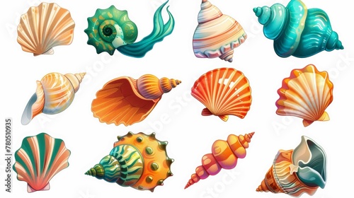 Colorful tropical shells underwater icon set on white background