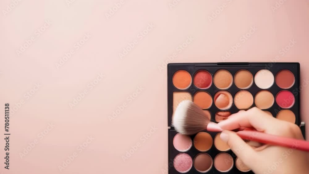 A person is applying makeup with a brush on a palette