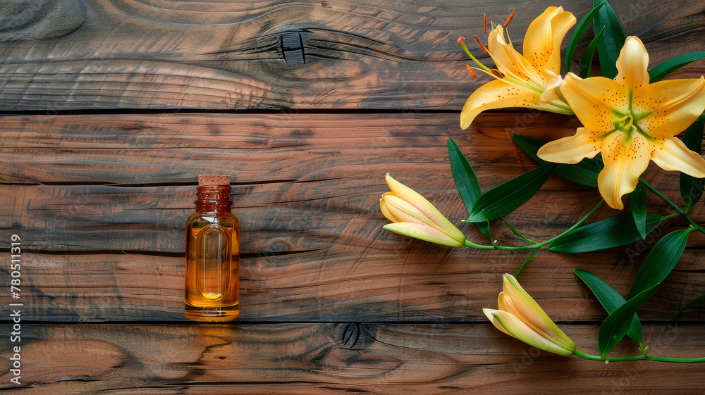 lily essential oil in a bottle. Selective focus. lily essential oil in a bottle. Selective focus.