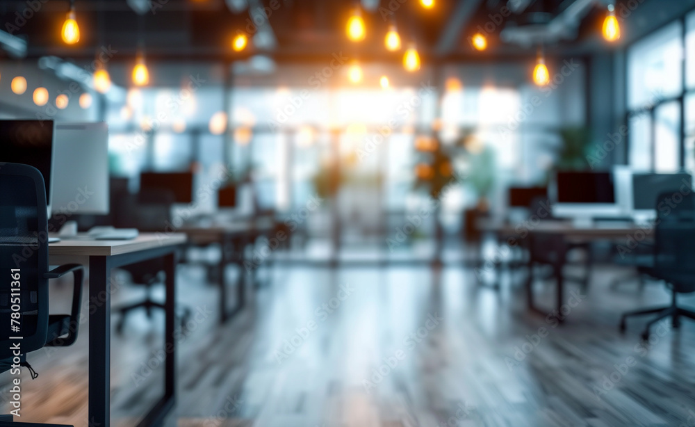 Blurred modern office interior background with desks and chairs, light from windows. Background for design in the style of business concept. Blurry bokeh of a blurred office space.