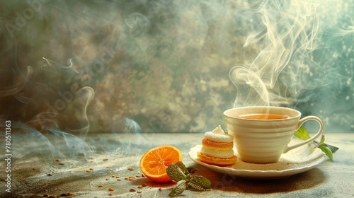 Sweet, hot tea with dessert, on an old background. --ar 16:9 Job ID: 93486990-16fa-4dcb-a3c4-7fa0e58722bd