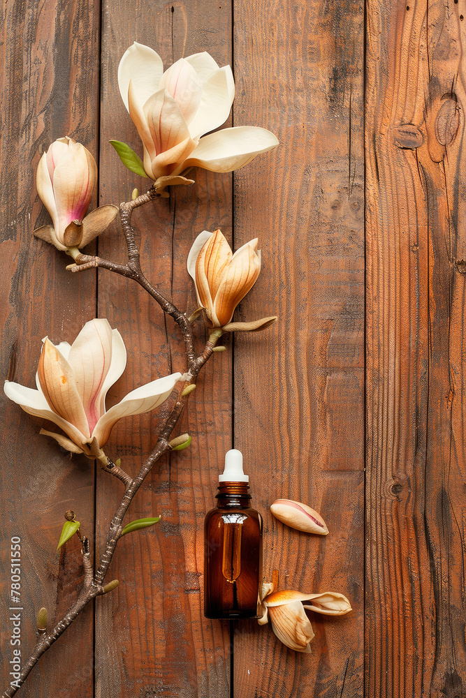 magnolia essential oil in a bottle. Selective focus. magnolia essential oil in a bottle. Selective focus.