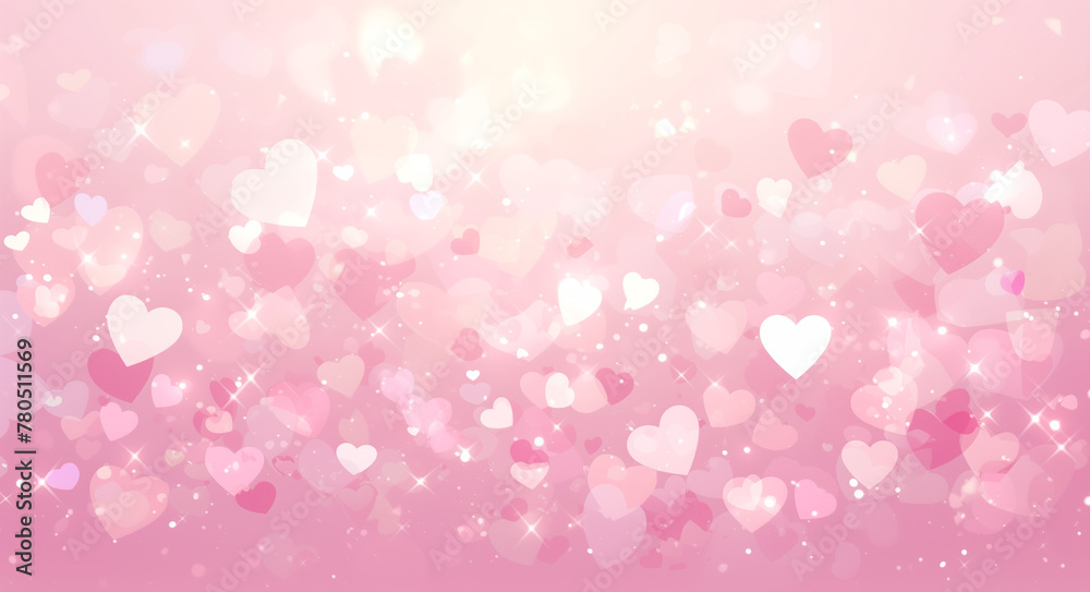 pink valentine background with tiny floating white and silver glittery hearts, light pink and white heart bokeh pattern on a soft pink background