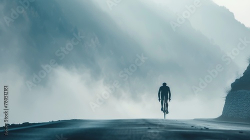 Alone cyclist pedaling uphill on a foggy mountain road surrounded by a dramatic landscape.