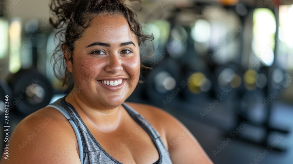 Smiling woman in gym wearing tank top surrounded by exercise equipment.