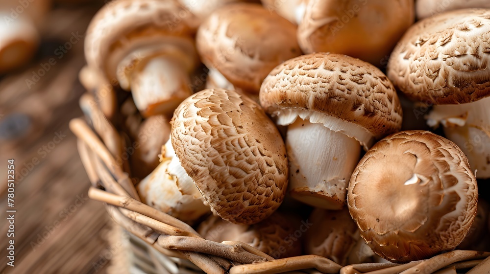 Close-up of fresh brown mushrooms on a natural wooden table  (This description combines mushrooms on a wooden background and mushrooms on a wooden table using words like fresh, brown, and natural)