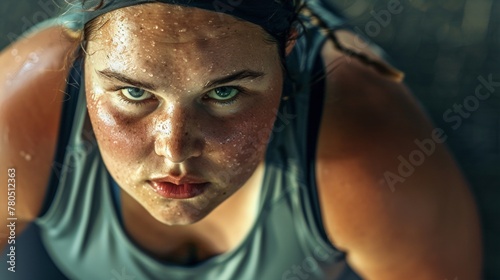 A close-up of a woman's face sweaty and focused with a determined expression wearing a sports bra and a headband suggesting she is engaged in physical activity.