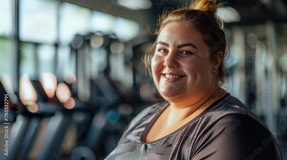 Smiling woman in gym wearing athletic top standing in front of exercise equipment. Smiling woman in gym wearing athletic top standing in front of exercise equipment.