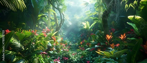 Serene Jungle Symphony: A Tapestry of Flora. Concept Nature Photography, Rainforest Ecosystem, Wildlife Conservation, Biodiverse Habitats, Tropical Paradise