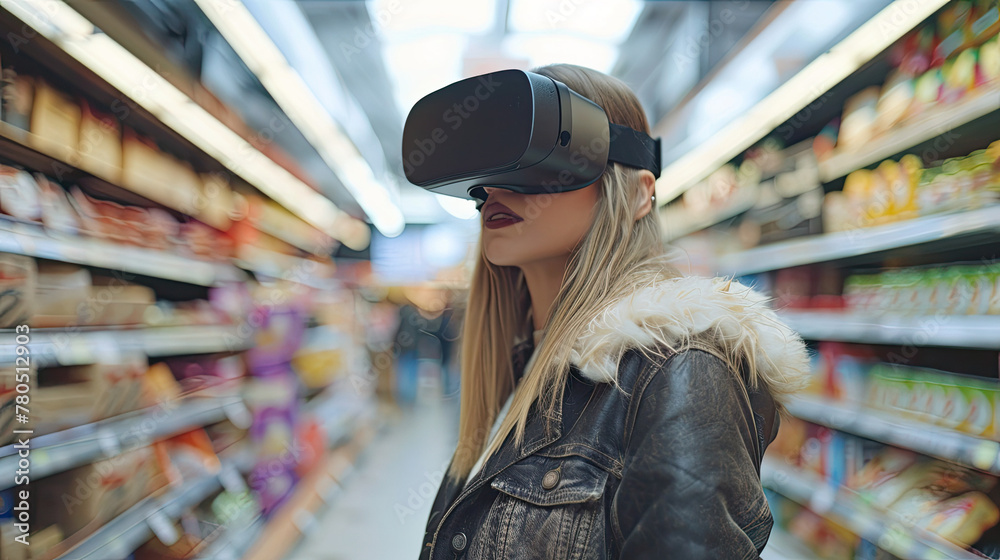 Woman with virtual reality glasses headset shopping at the supermarket