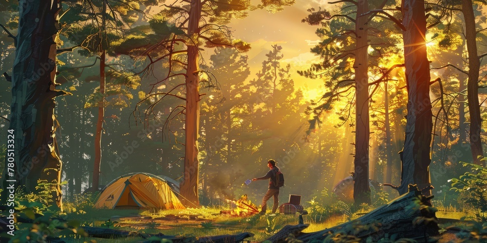 A couple of hikers in the woods with a tent are sitting around a campfire. Recreation in nature.