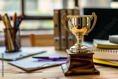 Trophy on work table, win concept
 photo