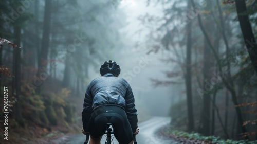 A cyclist in a rain jacket and helmet riding on a misty forested road.