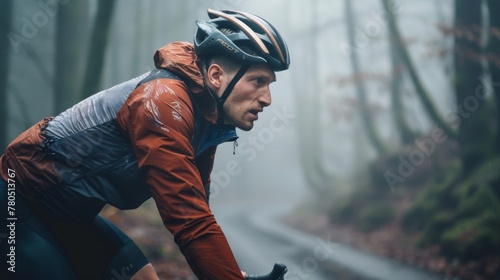 Man in red jacket and helmet riding bicycle on foggy forest path.