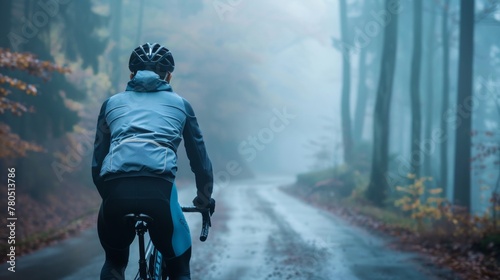 A cyclist in a blue jacket and black helmet riding down a misty leaf-covered forest road. © iuricazac