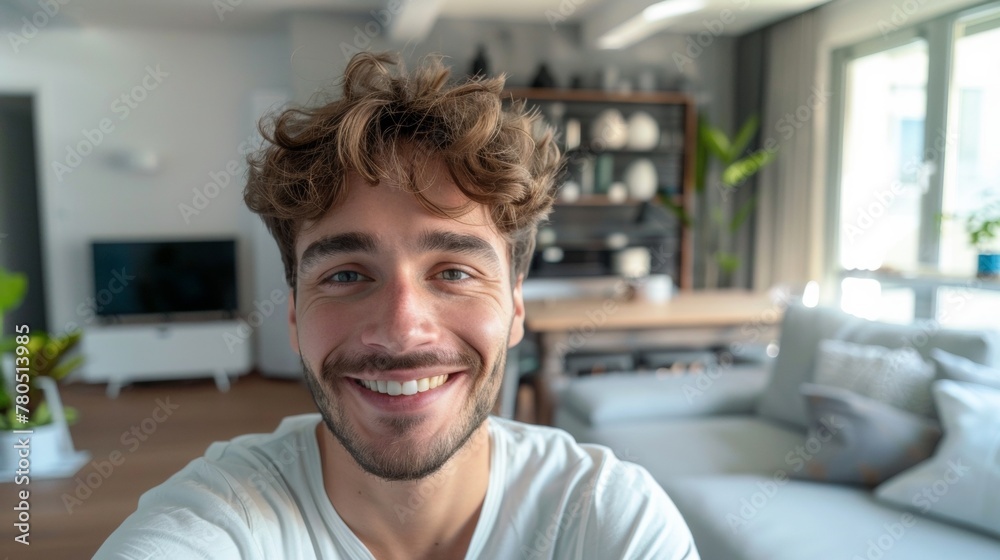Smiling man with curly hair in modern living room with white furniture plants and natural light.