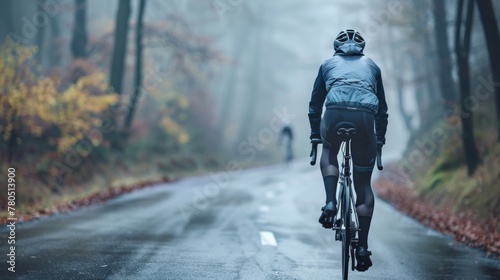 A cyclist in a blue jacket and black pants riding a bicycle on a wet road with autumn leaves and foggy forest in the background. © iuricazac