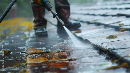 A worker using a pressure washer to clean a roof removing moss and debris.