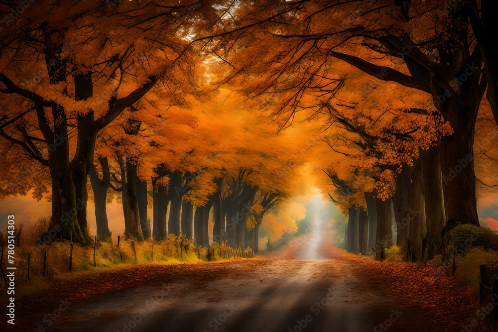 A country lane bordered by trees, their branches alive with the colors of fall.