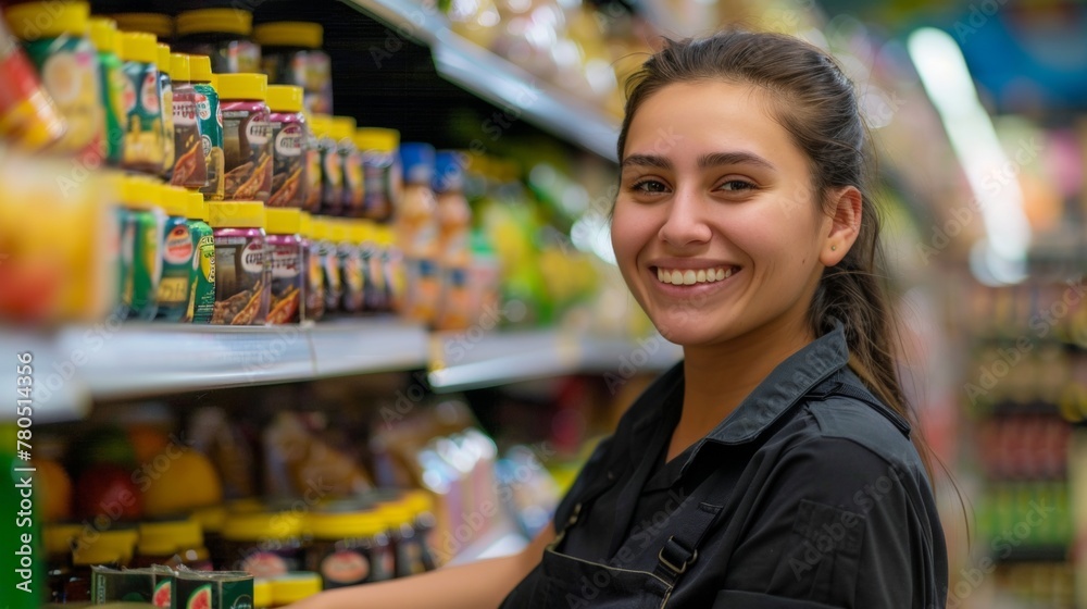 Smiling female grocery store employee standing in front of a shelf stocked with various products. Smiling female grocery store employee standing in front of a shelf stocked with various products.