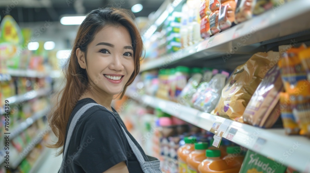 A young woman with a radiant smile standing in a well-stocked supermarket aisle surrounded by a variety of colorful packaged goods.