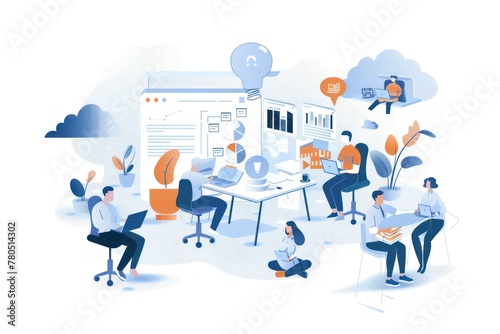 people sitting down in an office working with paper document flat design illustration